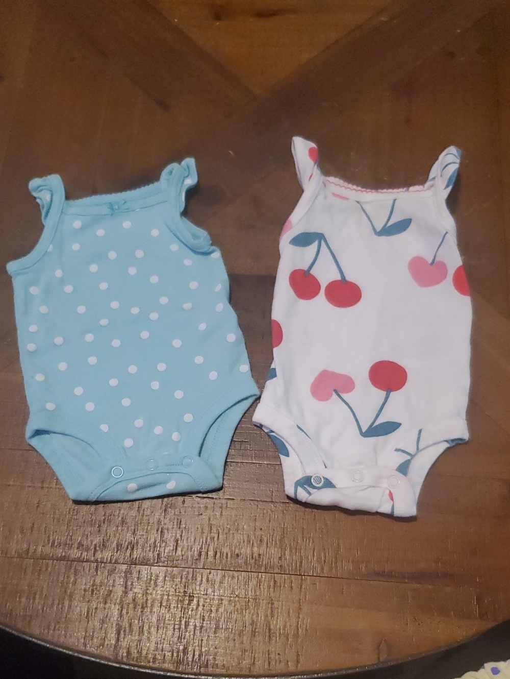 2 Baby Girls' Sleeveless One-Piece Bodysuit-Blue Polka Dot & White Cherry Print